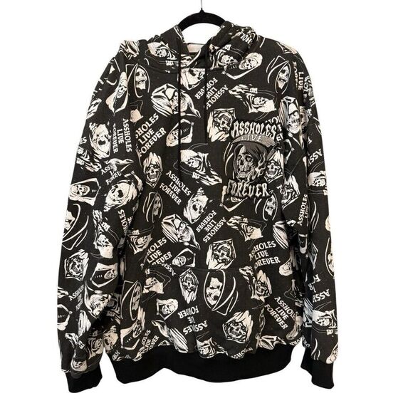 Assholes*s Live Forever Other - Assholes*s Live Forever Sweatshirt Mens L Black Hoodie All Over Skulls Biker